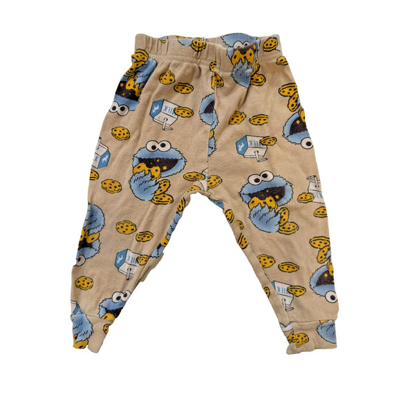 Sesame Street Cookie Monster Pants Boys 18M Beige Blue Milk Cookie Print Pajamas - Picture 1 of 5